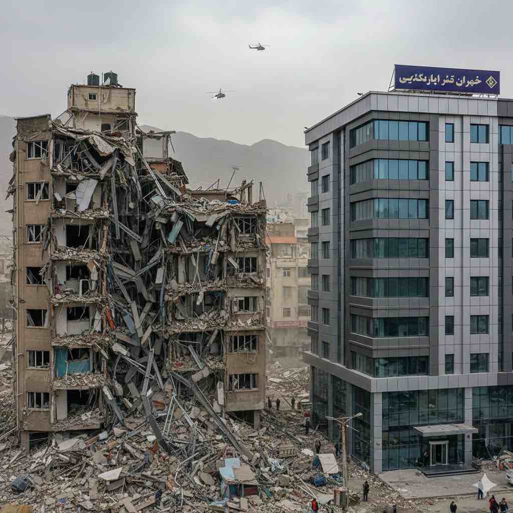 [تصویر ۱: ساختمان تخریب شده در اثر زلزله در کنار ساختمان مقاوم‌سازی شده سالم]