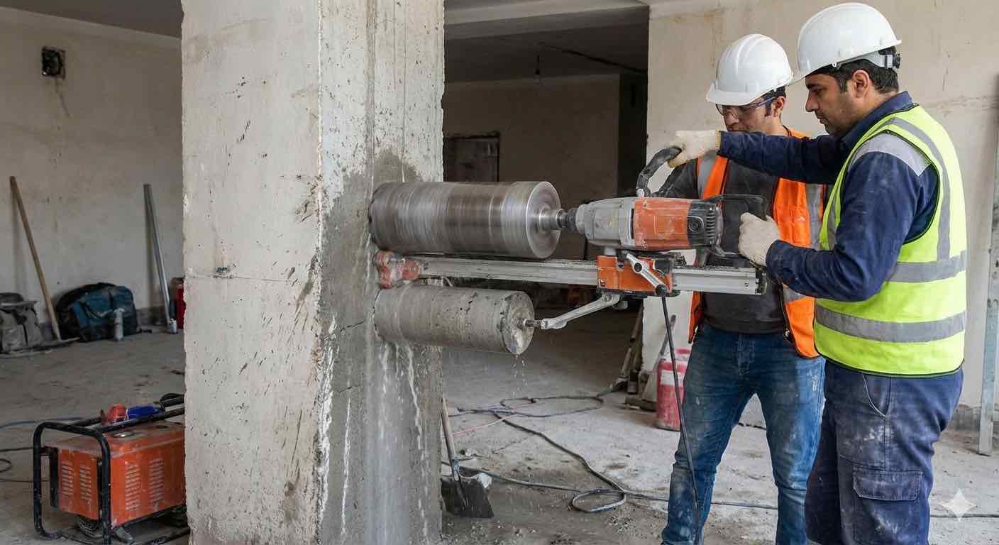 [محل تصویر ۲: فرآیند مغزه‌گیری از ستون بتنی و آماده‌سازی نمونه برای آزمایش فشار]