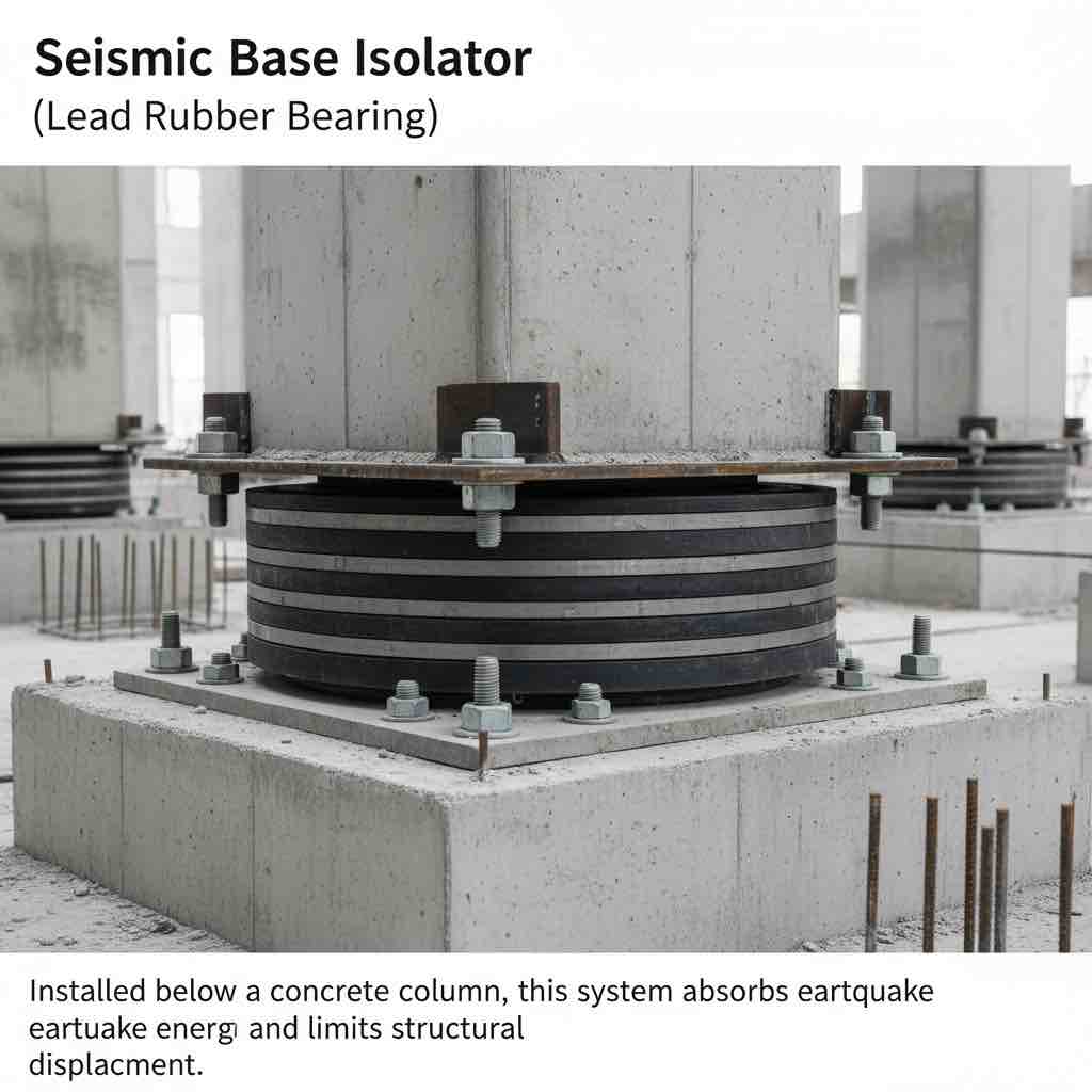 [محل تصویر ۶: نمونه جداساز لرزه‌ای لاستیکی سربی نصب‌شده در زیر یک ستون و جزئیات اجرایی آن]