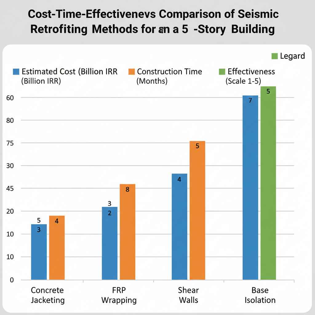 [محل تصویر ۷: نمودار مقایسه هزینه روش‌های مختلف بهسازی برای یک ساختمان ۵ طبقه نمونه]