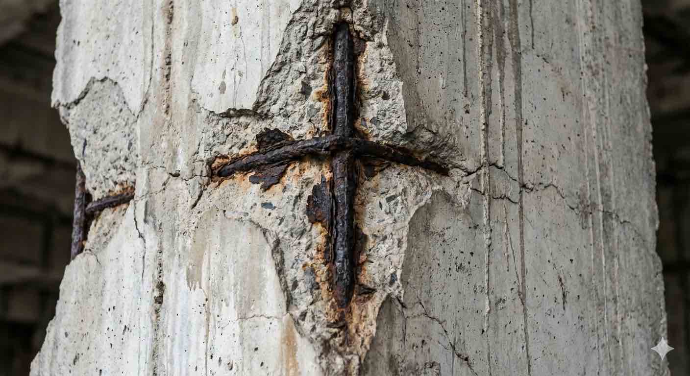 نمای نزدیک از خوردگی شدید میلگردهای فولادی در ستون بتن آرمه ساختمان قدیمی با روکش بتن ریزش کرده که کاهش سطح مقطع فولاد را نشان می‌دهد