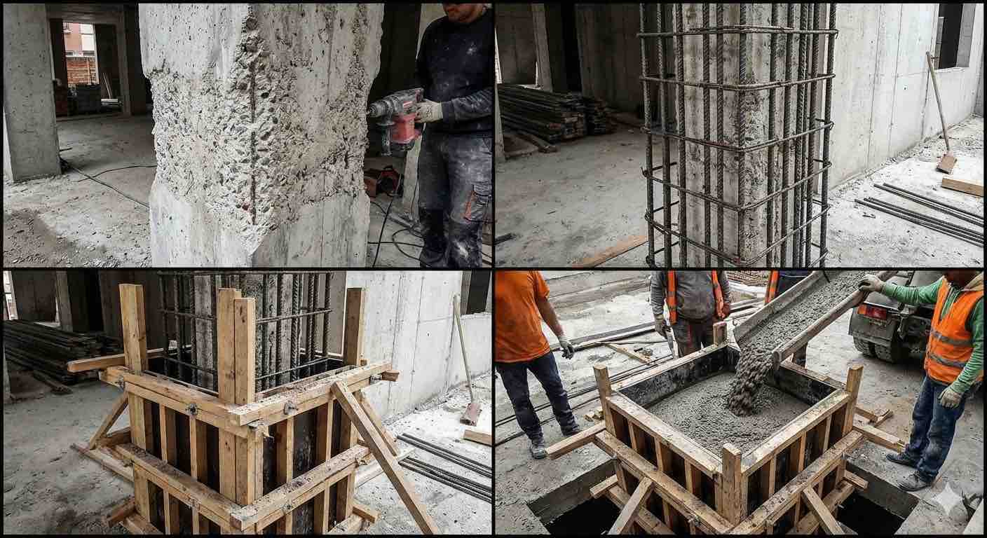 فرآیند گام‌به‌گام اجرای ژاکت بتنی شامل آماده‌سازی سطح، نصب آرماتور، قالب‌بندی و بتن‌ریزی در پروژه بهسازی لرزه‌ای واقعی