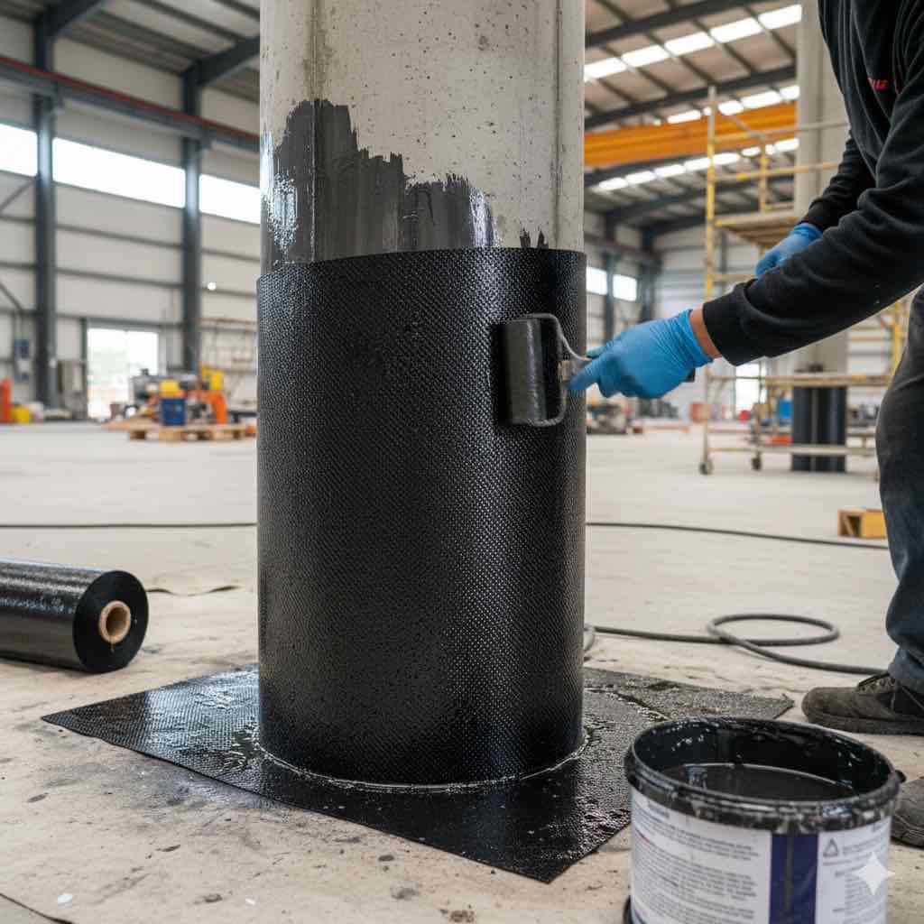 کارگر در حال اعمال الیاف کربنی CFRP همراه با رزین اپوکسی به‌صورت حلقه‌ای دور ستون بتنی در پروژه مقاوم‌سازی لرزه‌ای