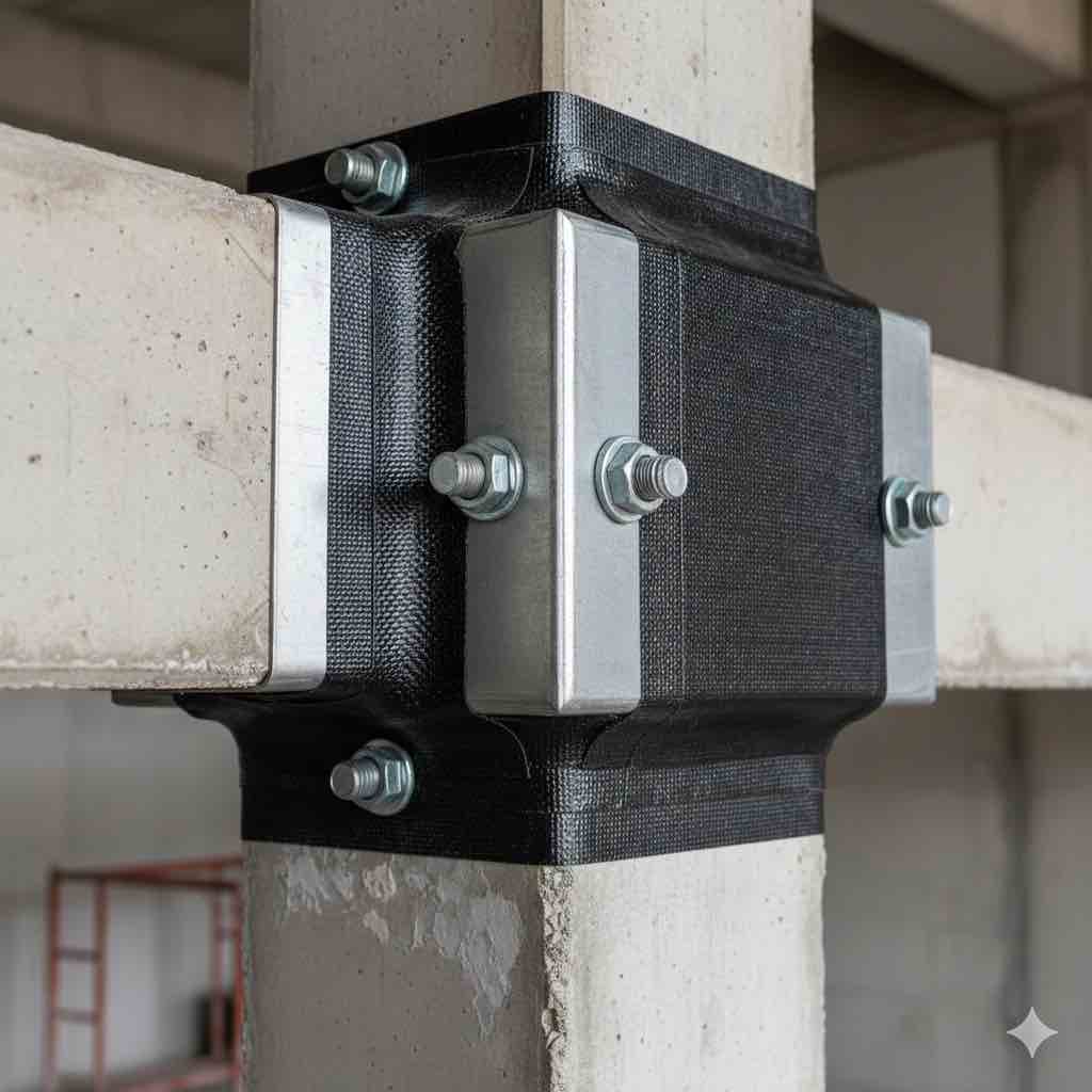  نمای نزدیک از تقویت ناحیه اتصال تیر به ستون با استفاده از ورق‌های فولادی L شکل و لایه‌های FRP برای افزایش شکل‌پذیری